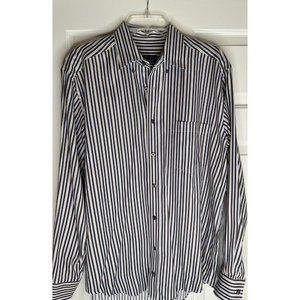 BUGATCHI Mens Large Button Up Long Sleeve Striped Dress Shirt Brown Blue Uomo